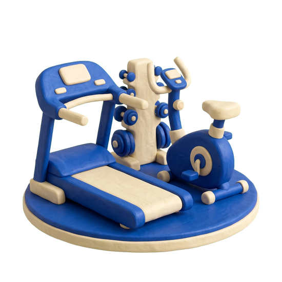 Exercise equipment store illustration in blue and ivory clay