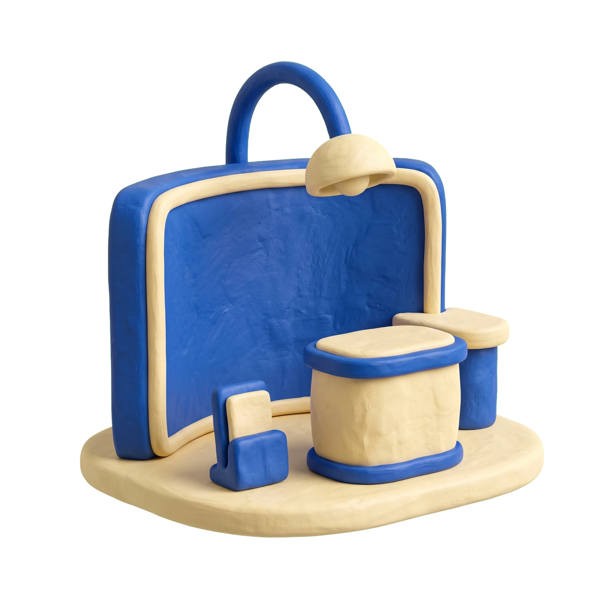 Exhibit illustration in blue and ivory clay
