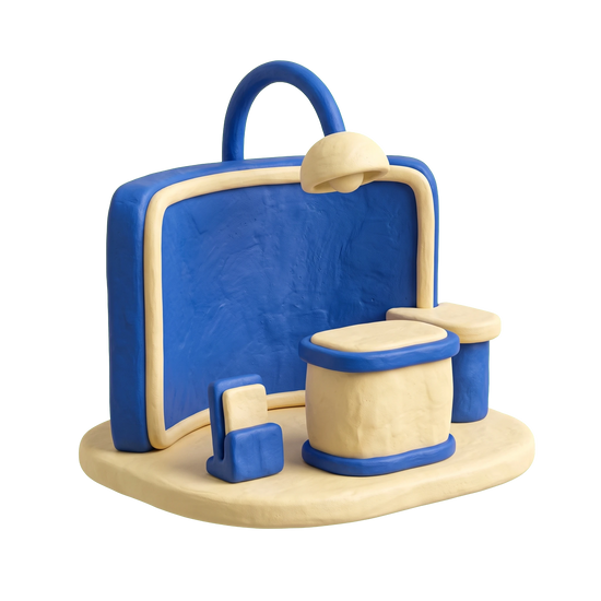 Exhibit illustration in blue and ivory clay