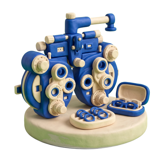 Eye care center illustration in blue and ivory clay