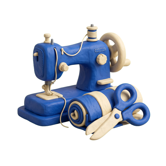 Fabric product manufacturer illustration in blue and ivory clay