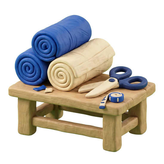 Fabric wholesaler illustration in blue and ivory clay