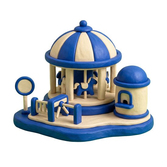 Fairground illustration in blue and ivory clay