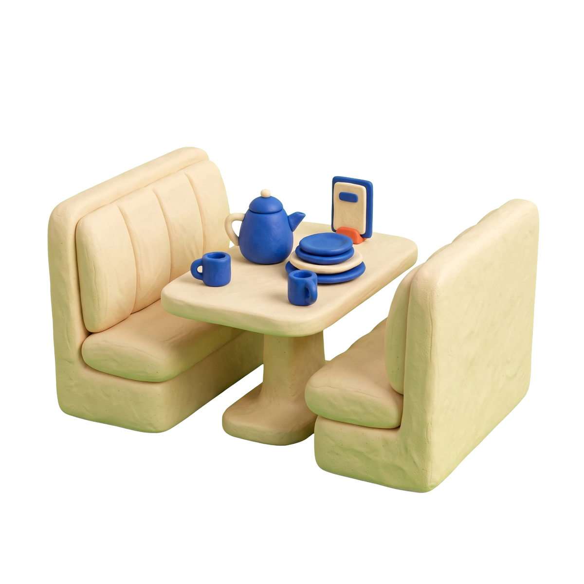 Family restaurant illustration in blue and ivory clay