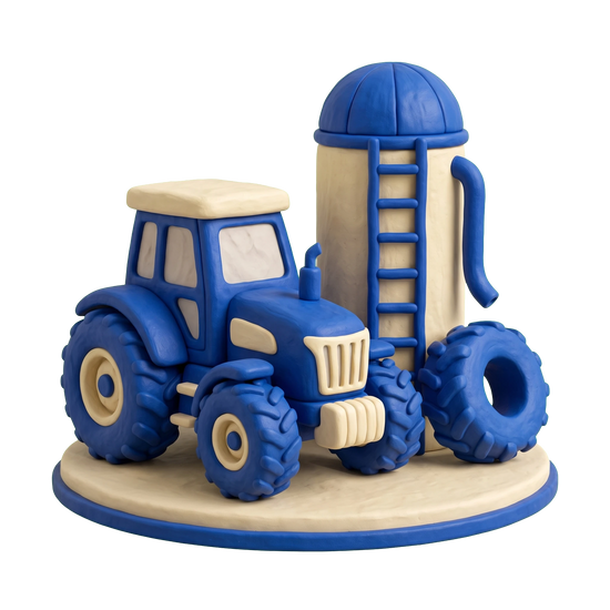 Farm equipment supplier illustration in blue and ivory clay