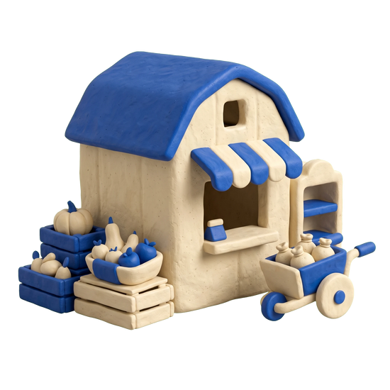 Farm shop illustration in blue and ivory clay