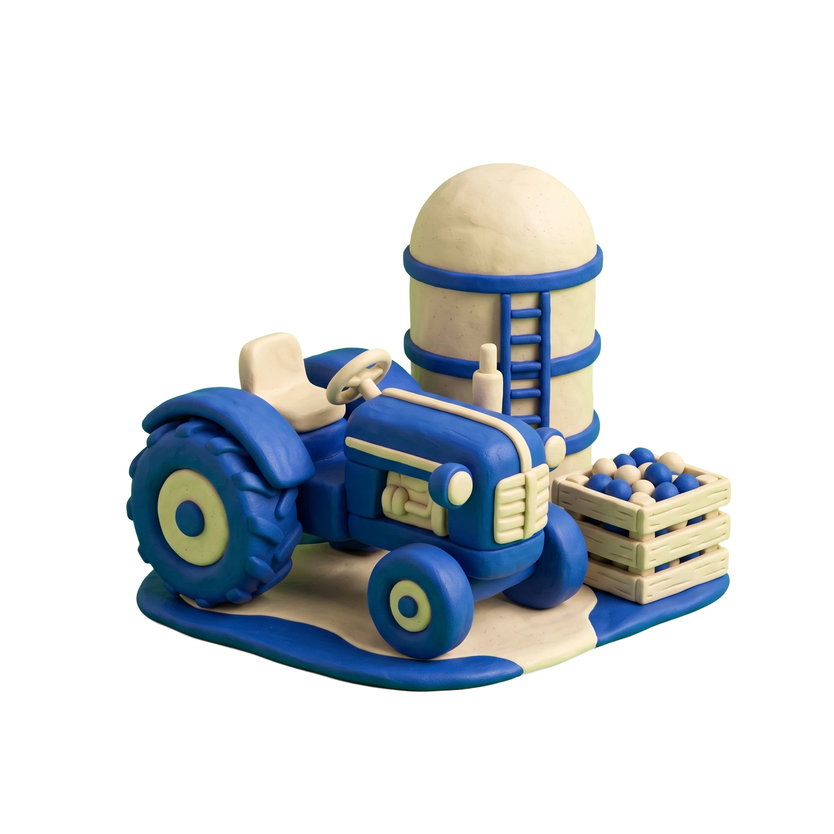 Farm illustration in blue and ivory clay