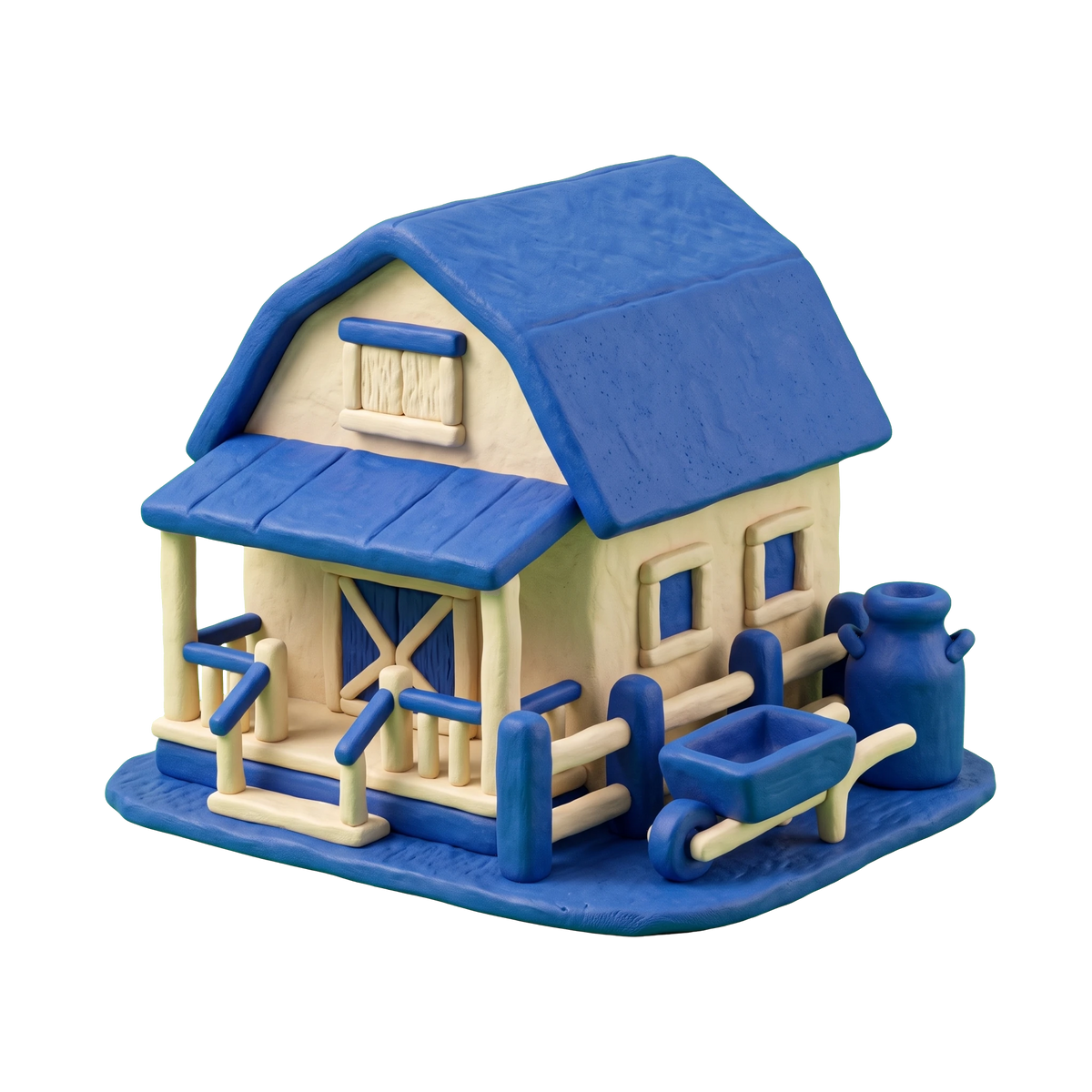 Farmstay illustration in blue and ivory clay