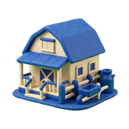 Farmstay illustration in blue and ivory clay