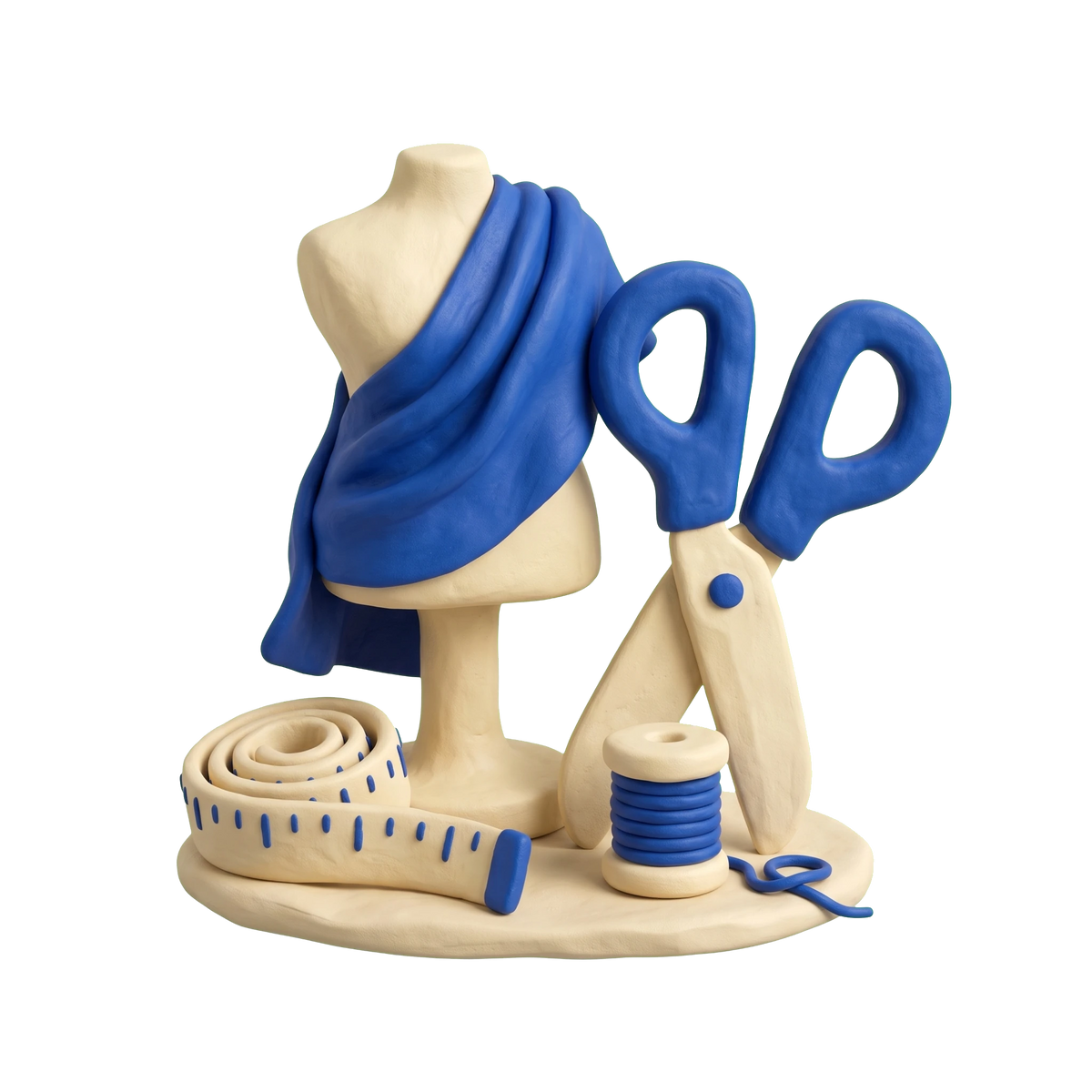 Fashion designer illustration in blue and ivory clay