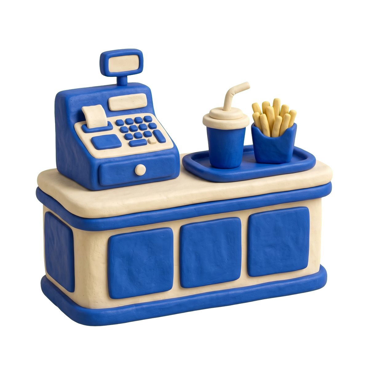 Fast food restaurant illustration in blue and ivory clay