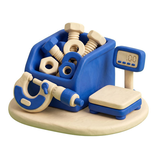 Fastener supplier illustration in blue and ivory clay