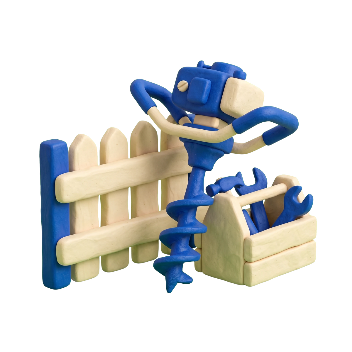Fence contractor illustration in blue and ivory clay
