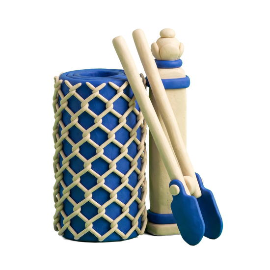 Fence supply store illustration in blue and ivory clay