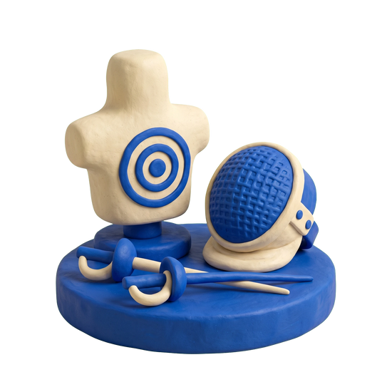 Fencing school illustration in blue and ivory clay