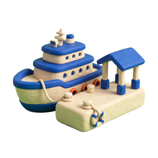 Ferry service illustration in blue and ivory clay
