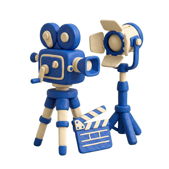 Film production company illustration in blue and ivory clay