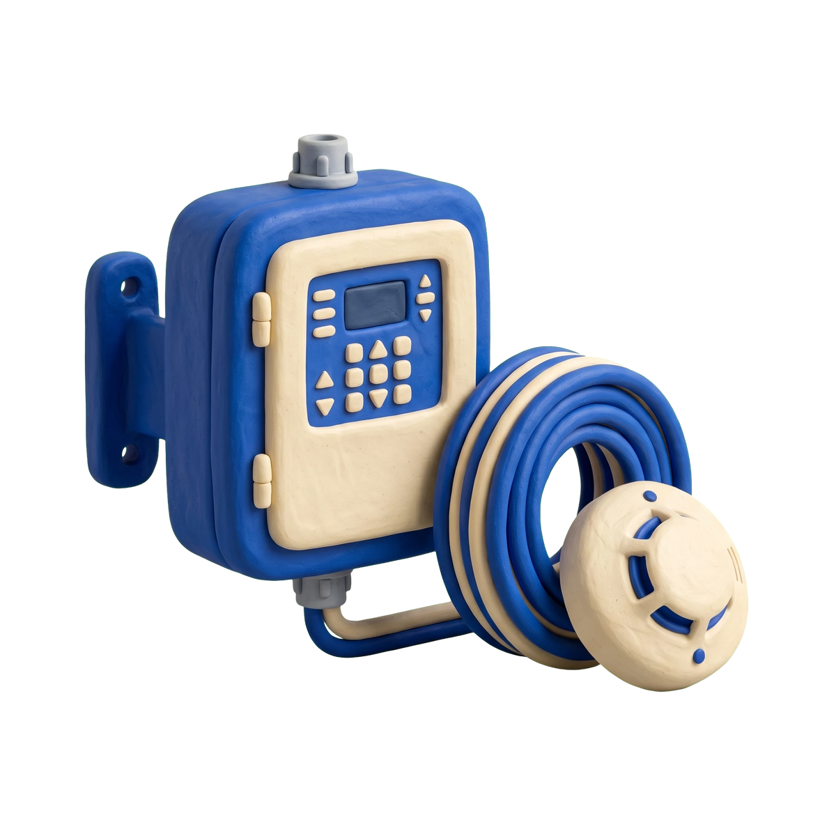 Fire alarm supplier illustration in blue and ivory clay