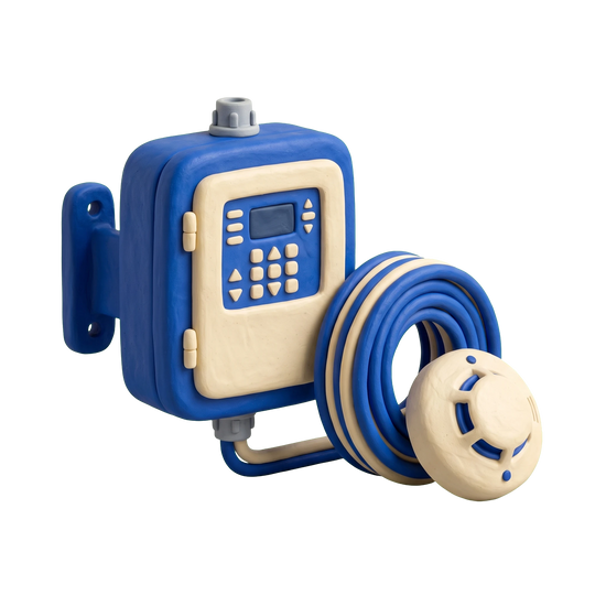 Fire alarm supplier illustration in blue and ivory clay