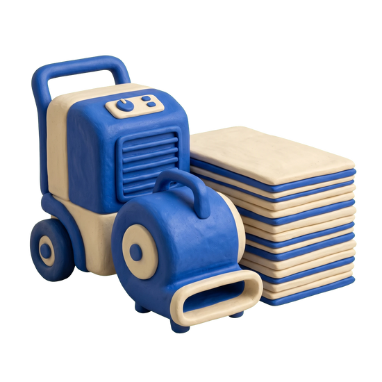 Fire damage restoration service illustration in blue and ivory clay