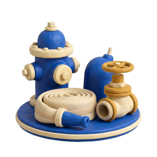 Fire department equipment supplier illustration in blue and ivory clay