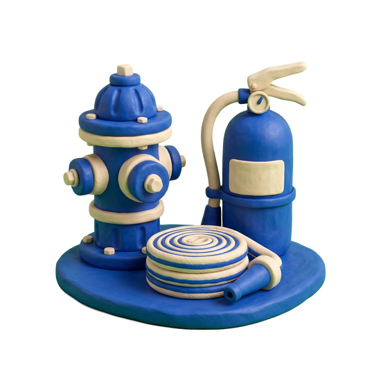 Fire protection equipment supplier illustration in blue and ivory clay