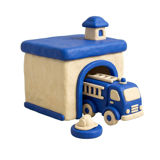 Fire station illustration in blue and ivory clay
