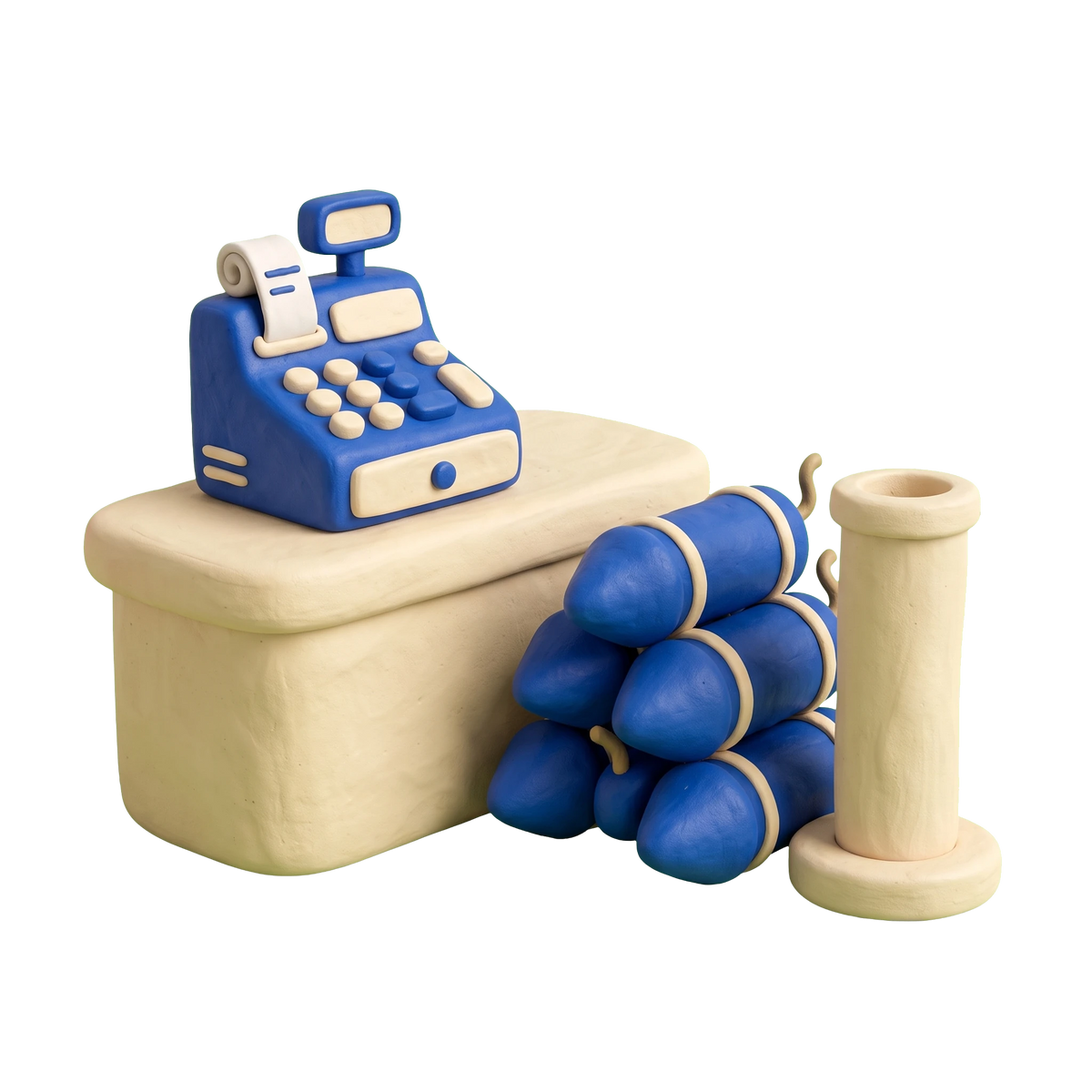 Fireworks store illustration in blue and ivory clay
