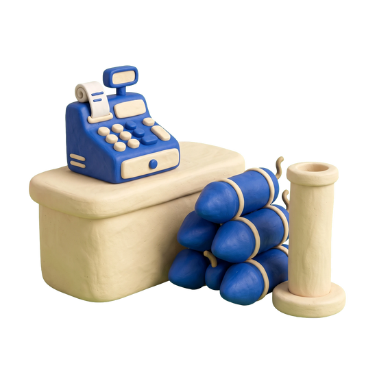 Fireworks store illustration in blue and ivory clay