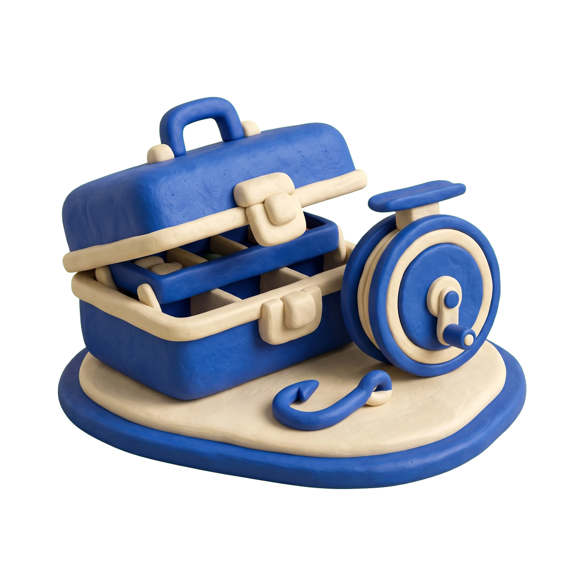 Fishing store illustration in blue and ivory clay
