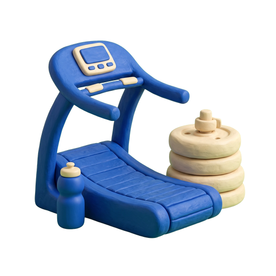Fitness center illustration in blue and ivory clay