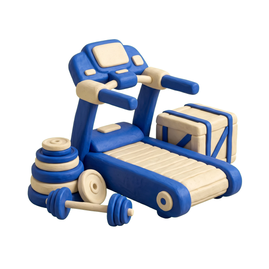 Fitness equipment wholesaler illustration in blue and ivory clay