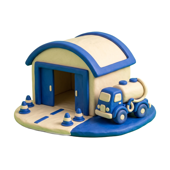 Fixed-base operator illustration in blue and ivory clay
