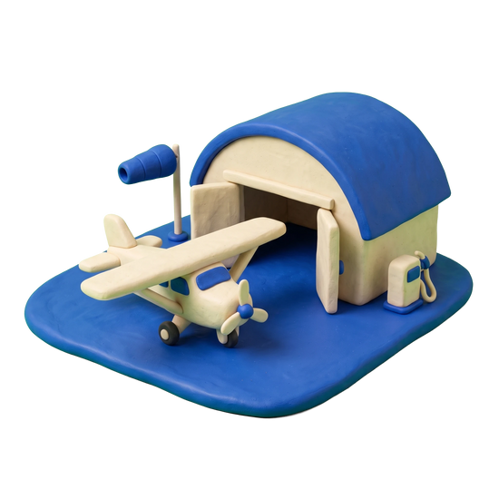 Flight school illustration in blue and ivory clay