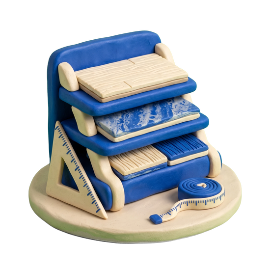 Flooring store illustration in blue and ivory clay