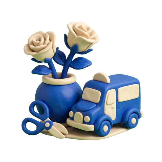 Flower delivery illustration in blue and ivory clay