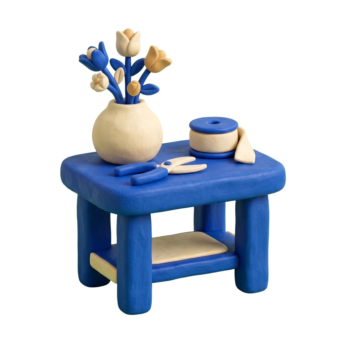 Flower designer illustration in blue and ivory clay