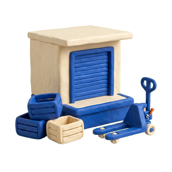 Food bank illustration in blue and ivory clay