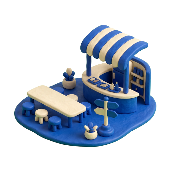 Food court illustration in blue and ivory clay