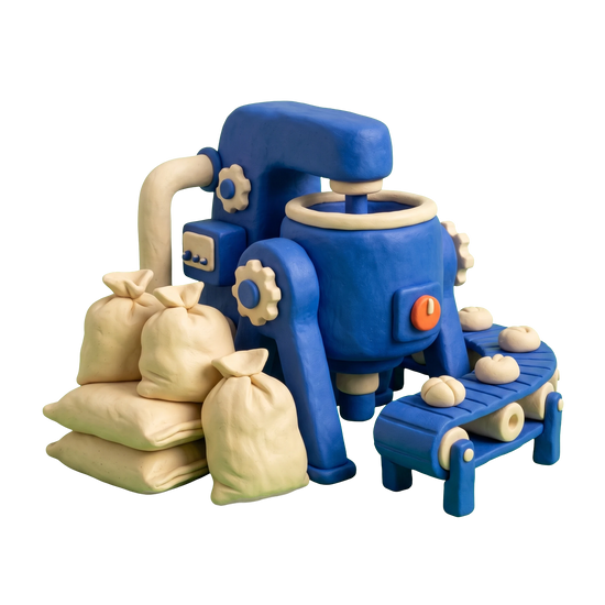 Food manufacturer illustration in blue and ivory clay