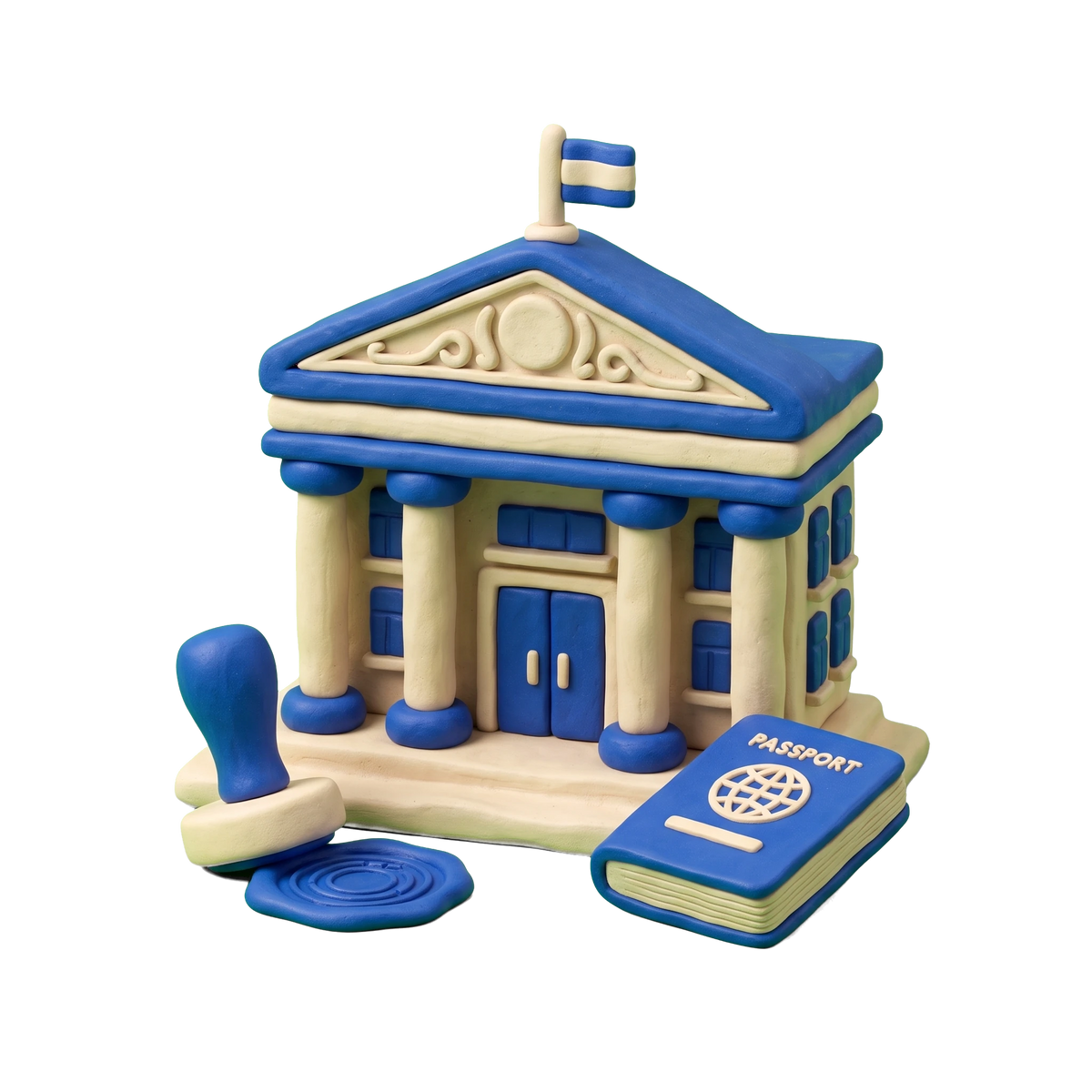 Foreign consulate illustration in blue and ivory clay
