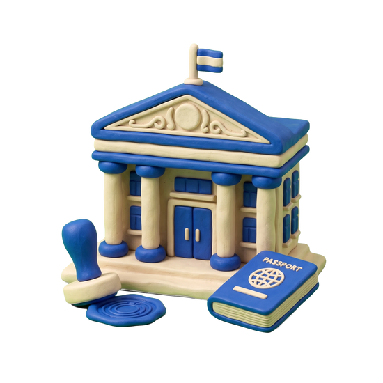 Foreign consulate illustration in blue and ivory clay