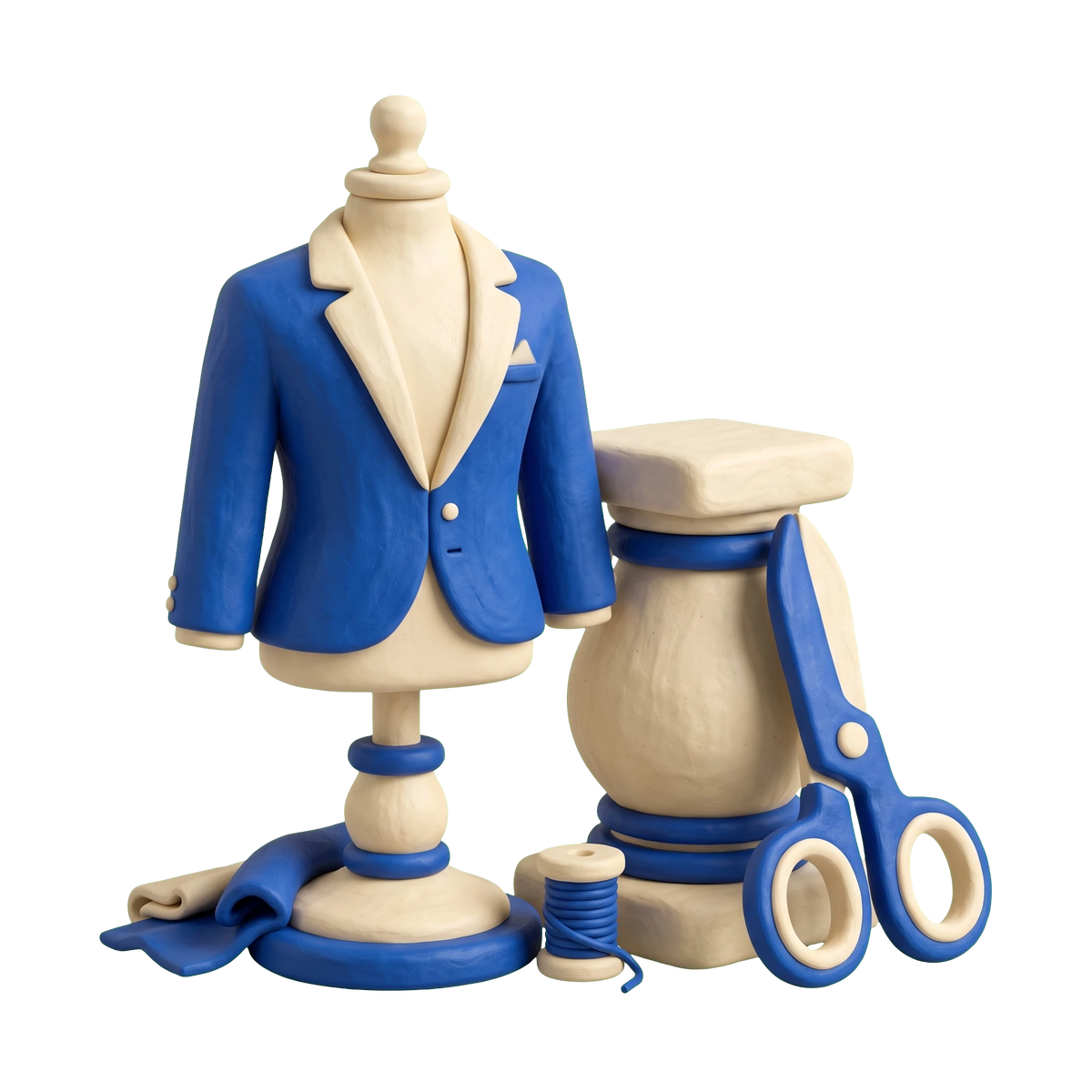 Formal wear store illustration in blue and ivory clay