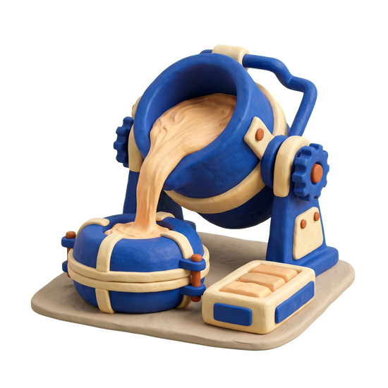 Foundry illustration in blue and ivory clay