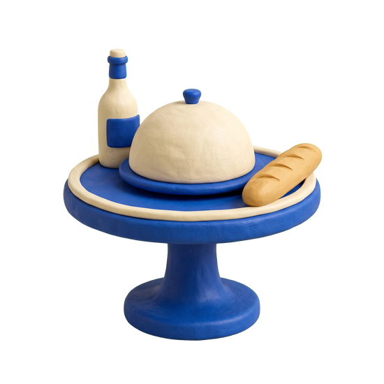 French restaurant illustration in blue and ivory clay