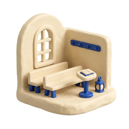 Friends church illustration in blue and ivory clay
