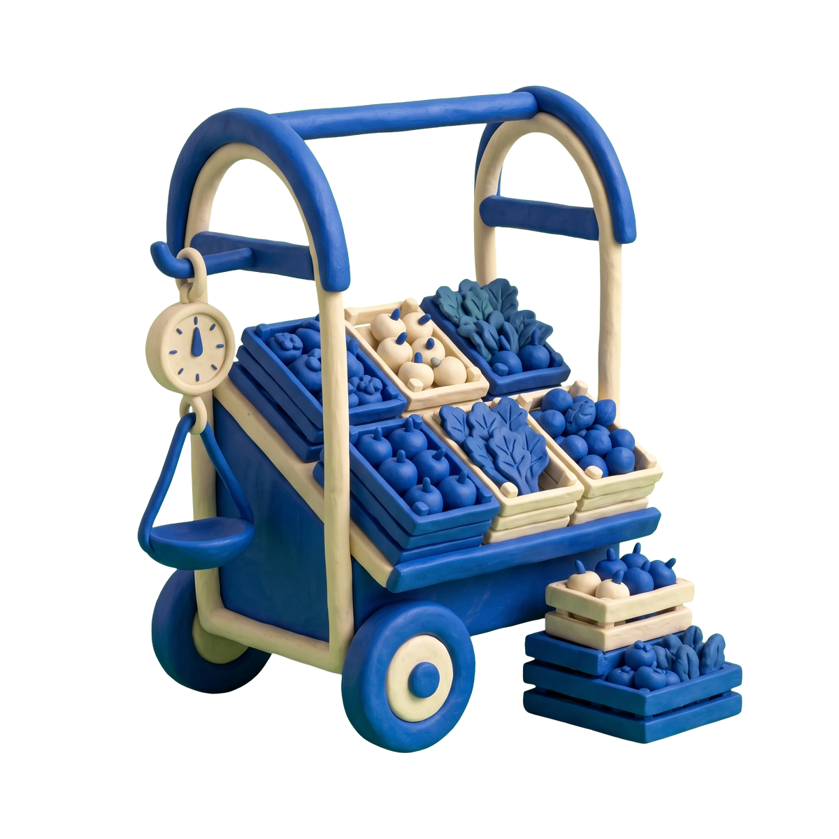 Fruit and vegetable store illustration in blue and ivory clay