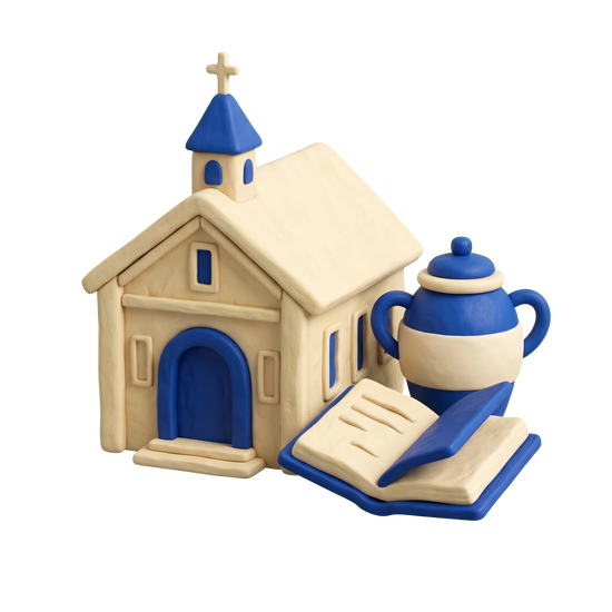 Funeral home illustration in blue and ivory clay