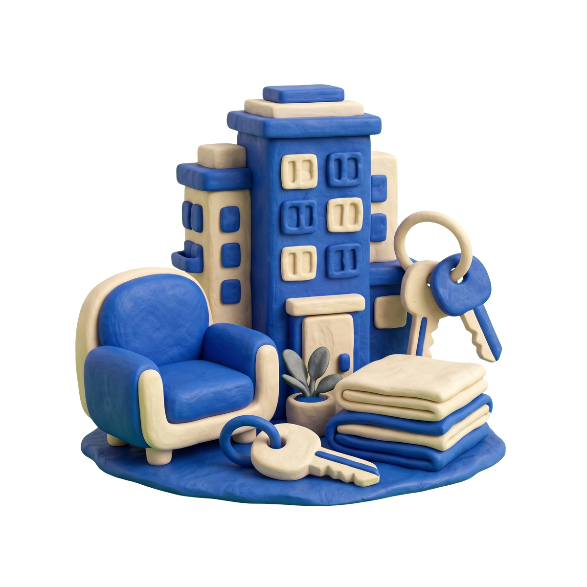 Furnished apartment building illustration in blue and ivory clay
