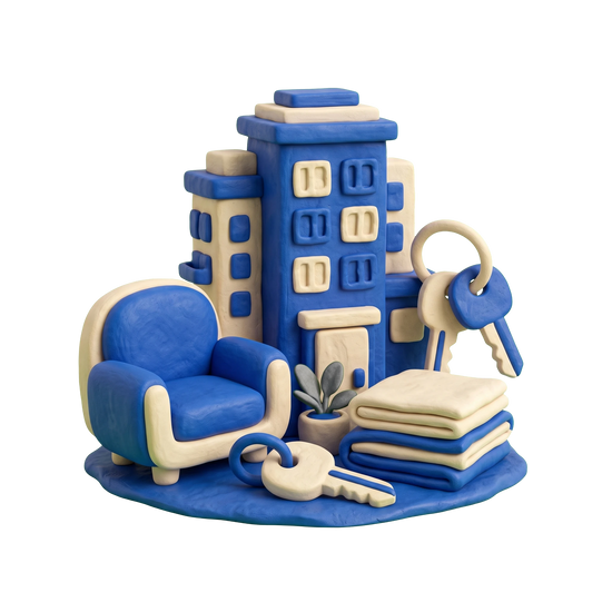 Furnished apartment building illustration in blue and ivory clay